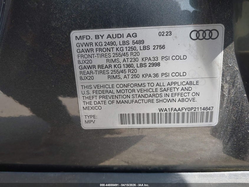 2023 Audi Q5 Prestige 45 Tfsi S Line Quattro S Tronic VIN: WA1FAAFY0P2114647 Lot: 44888491