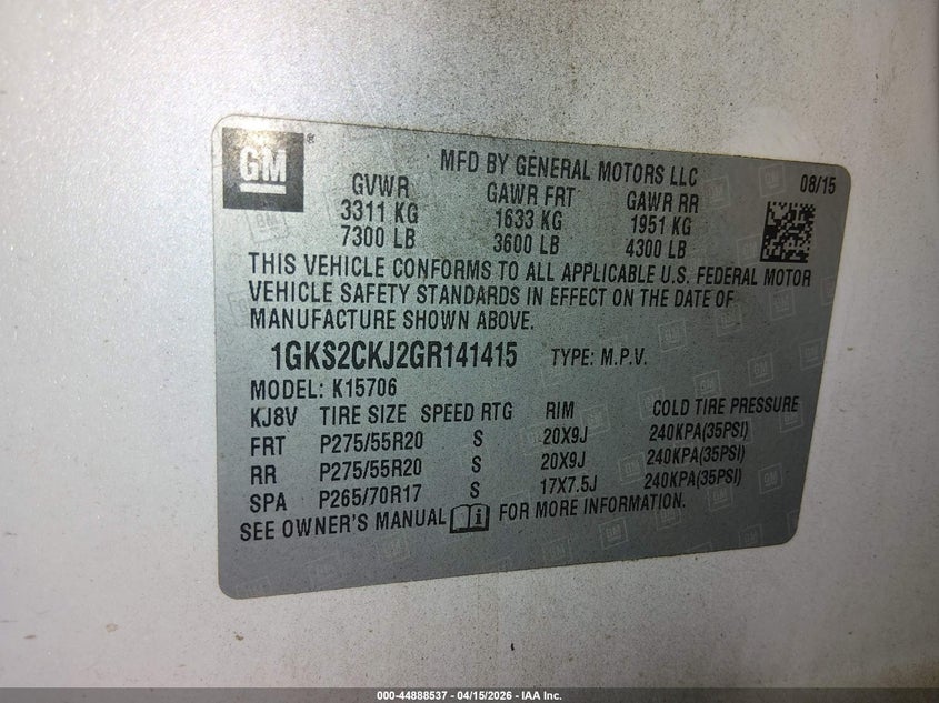 2016 GMC Yukon Denali VIN: 1GKS2CKJ2GR141415 Lot: 44888537