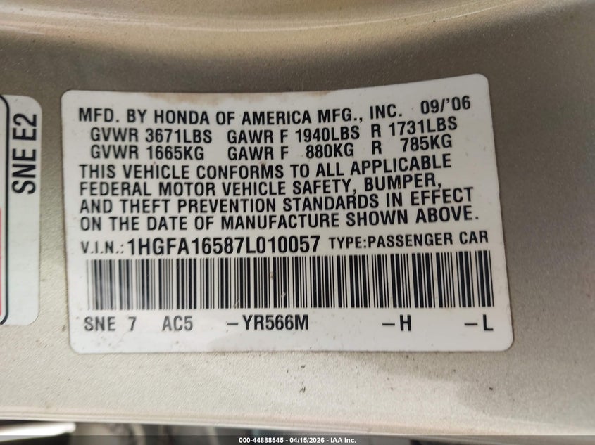 2007 Honda Civic Lx VIN: 1HGFA16587L010057 Lot: 44888545