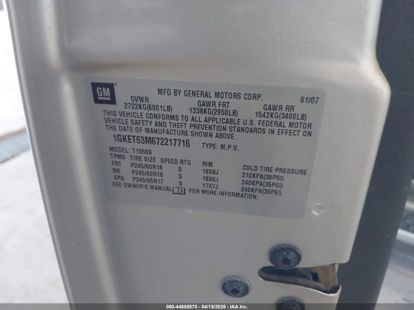 2007 GMC Envoy Denali VIN: 1GKET63M672217716 Lot: 44888570