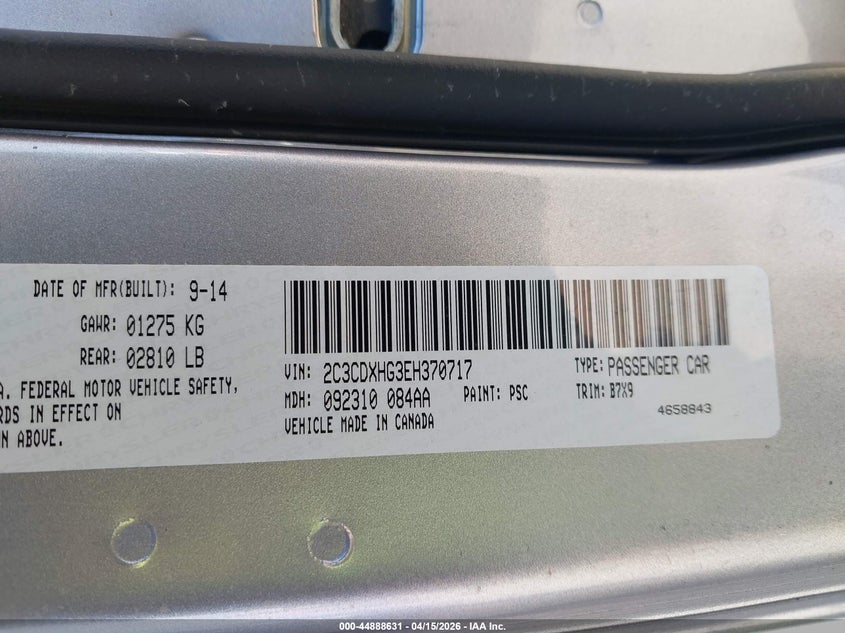 2014 Dodge Charger Sxt VIN: 2C3CDXHG3EH370717 Lot: 44888631