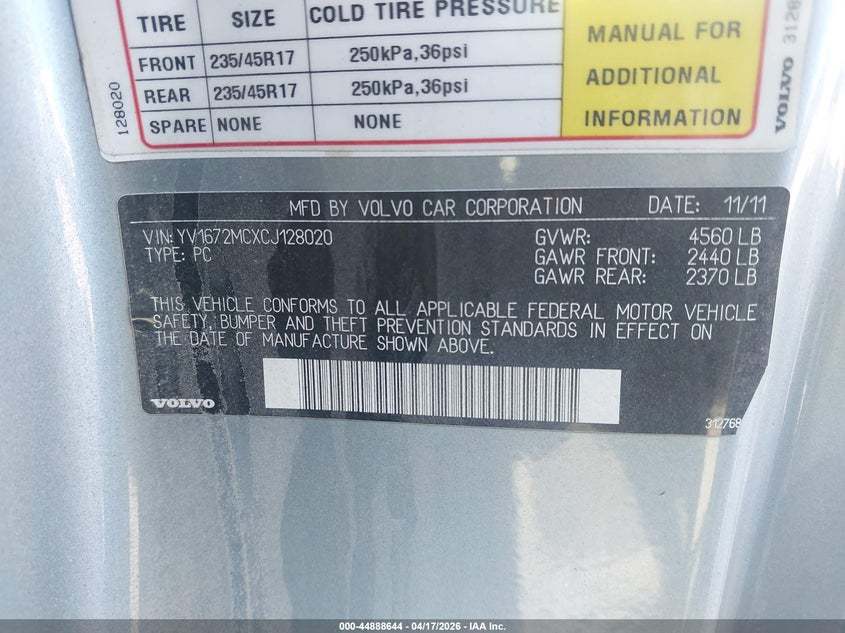 2012 Volvo C70 T5 VIN: YV1672MCXCJ128020 Lot: 44888644