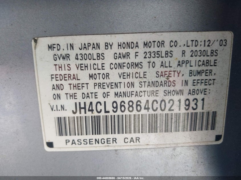 2004 Acura Tsx VIN: JH4CL96864C021931 Lot: 44888666