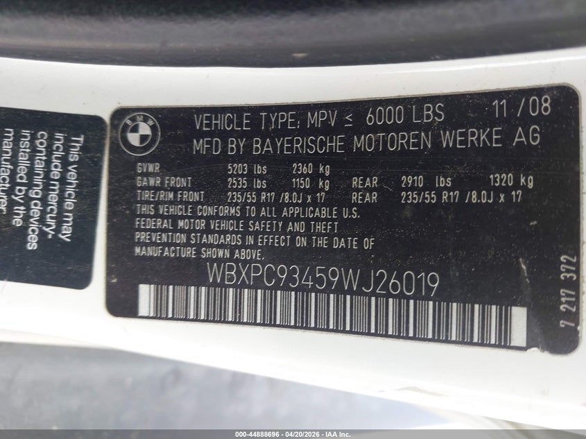 2009 BMW X3 xDrive30I VIN: WBXPC93459WJ26019 Lot: 44888696