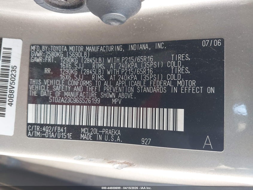 2006 Toyota Sienna Ce VIN: 5TDZA23C96S526199 Lot: 44888699