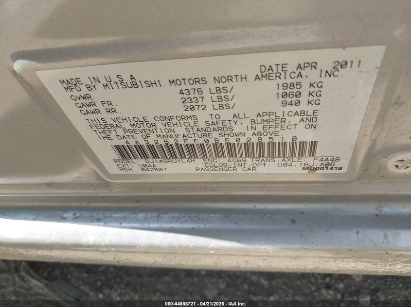 2011 Mitsubishi Galant Fe VIN: 4A32B2FF0BE028510 Lot: 44888727