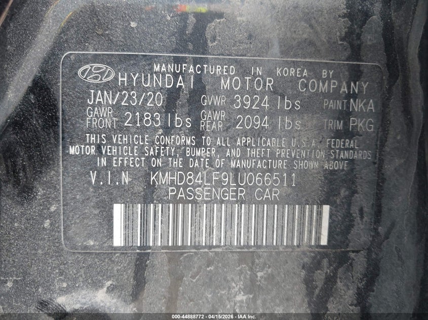 2020 Hyundai Elantra Value Edition VIN: KMHD84LF9LU066511 Lot: 44888772