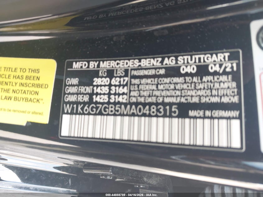 2021 Mercedes-Benz S 580 4Matic VIN: W1K6G7GB5MA048315 Lot: 44888789