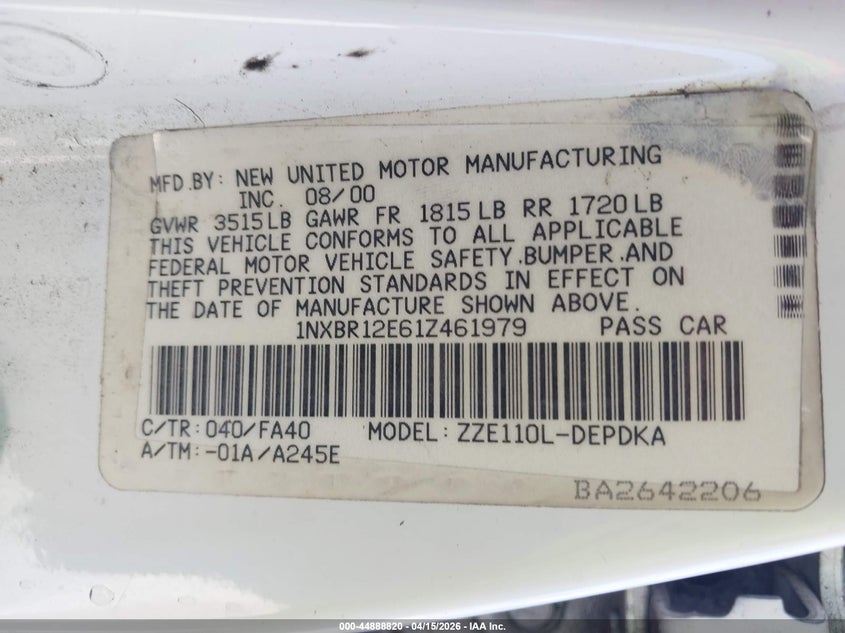 2001 Toyota Corolla Le VIN: 1NXBR12E61Z461979 Lot: 44888820