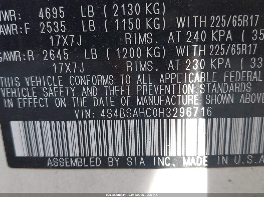 2017 Subaru Outback 2.5I Premium VIN: 4S4BSAHC0H3296716 Lot: 44888831