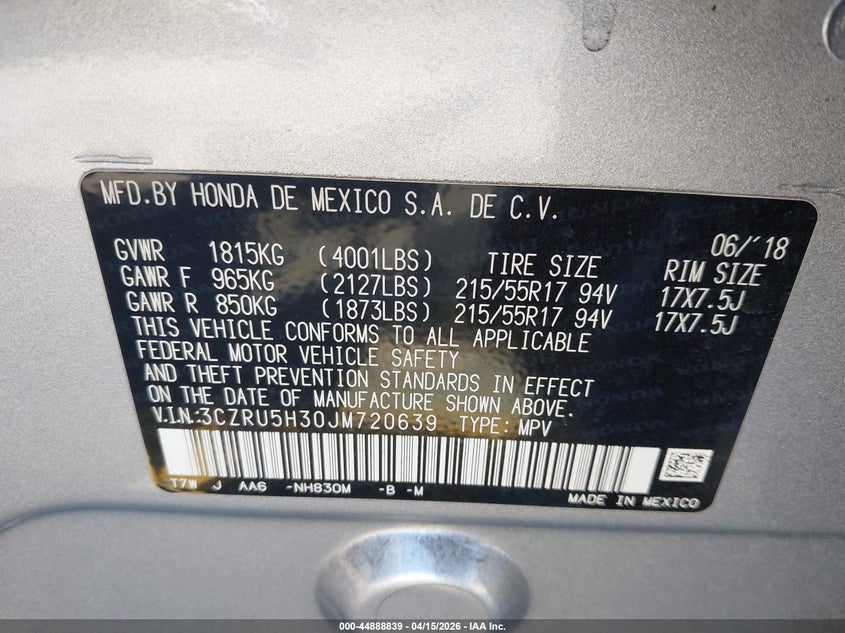 2018 Honda Hr-V Lx VIN: 3CZRU5H30JM720639 Lot: 44888839