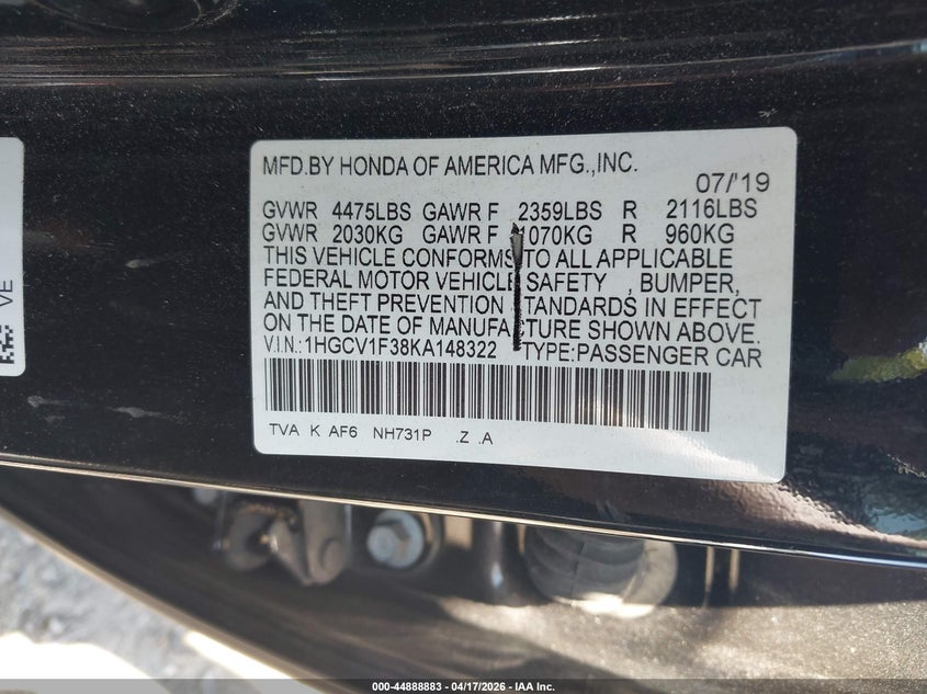 VIN 1HGCV1F38KA148322 2019 HONDA ACCORD SPORT