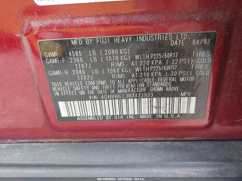 2011 Subaru Outback 2.5I Limited VIN: 4S4BRBLC3B3413933 Lot: 44888895