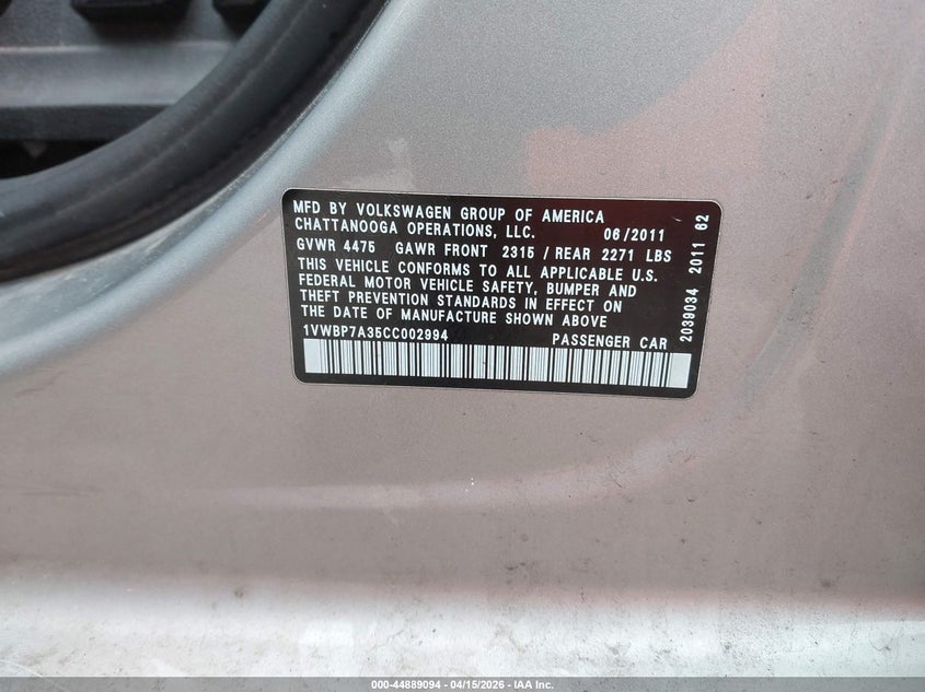 2012 Volkswagen Passat 2.5L Se VIN: 1VWBP7A35CC002994 Lot: 44889094