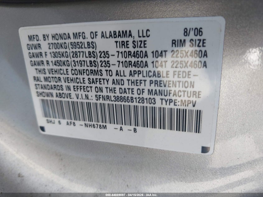 2006 Honda Odyssey Touring VIN: 5FNRL38866B128103 Lot: 44889097