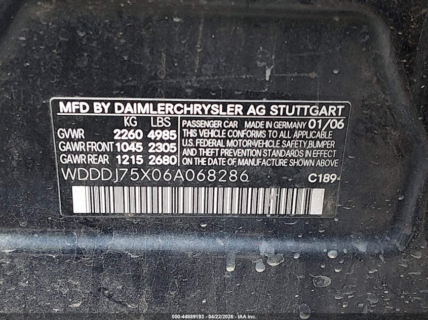 2006 Mercedes-Benz Cls 500 VIN: WDDDJ75X06A068286 Lot: 44889193
