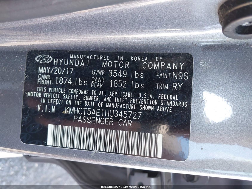VIN KMHCT5AE1HU345727 2017 HYUNDAI ACCENT SE