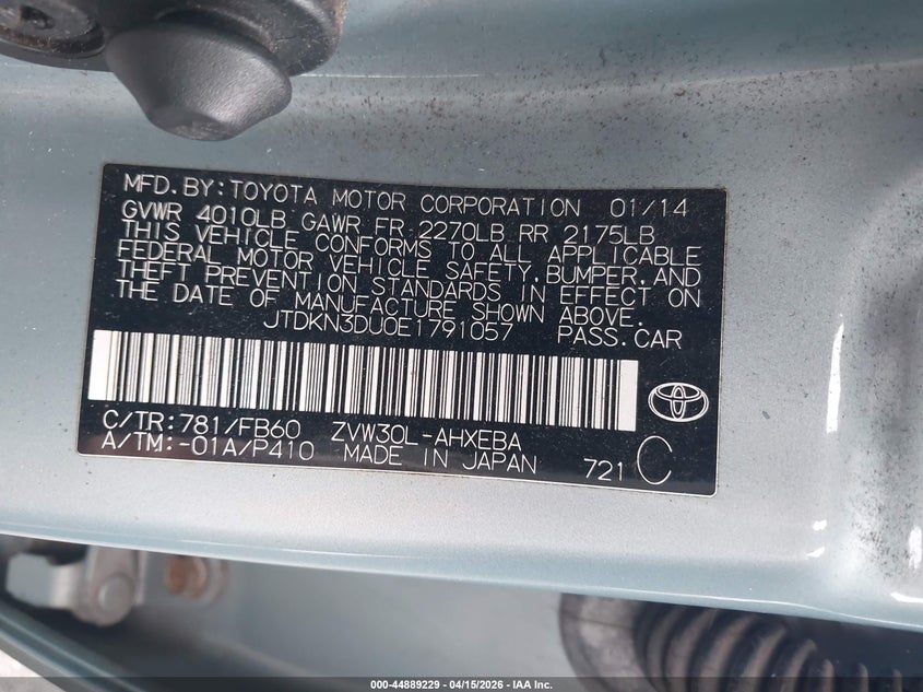 2014 Toyota Prius Five/Four/Three/Two VIN: JTDKN3DU0E1791057 Lot: 44889229
