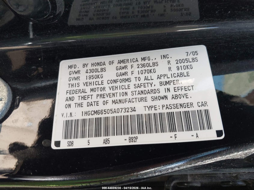 2005 Honda Accord 3.0 Ex VIN: 1HGCM66505A073234 Lot: 44889230