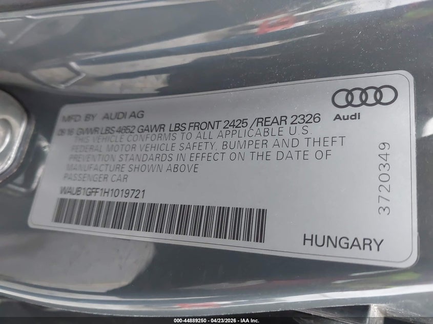 2017 Audi S3 2.0T Premium Plus VIN: WAUB1GFF1H1019721 Lot: 44889250