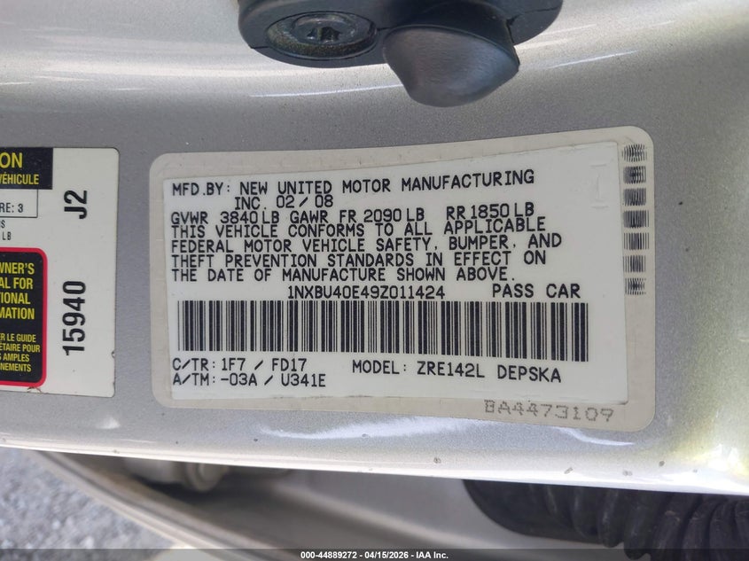 2009 Toyota Corolla S VIN: 1NXBU40E49Z011424 Lot: 44889272