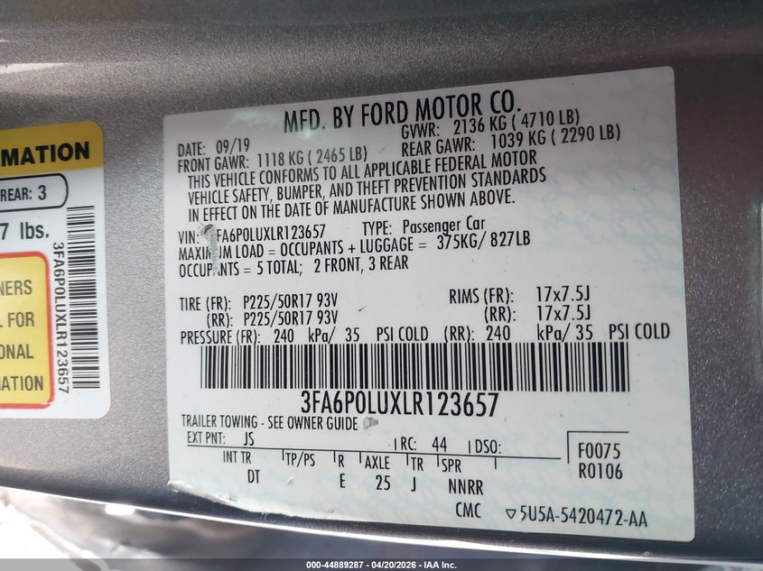 VIN 3FA6P0LUXLR123657 2020 FORD FUSION HYBRID SE