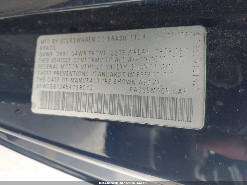 2005 Volkswagen Gti 1.8T VIN: 9BWDE61J454038012 Lot: 44889290