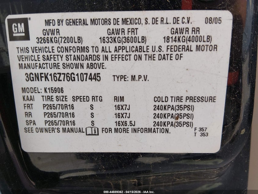 2006 Chevrolet Suburban 1500 Ls VIN: 3GNFK16Z76G107445 Lot: 44889362