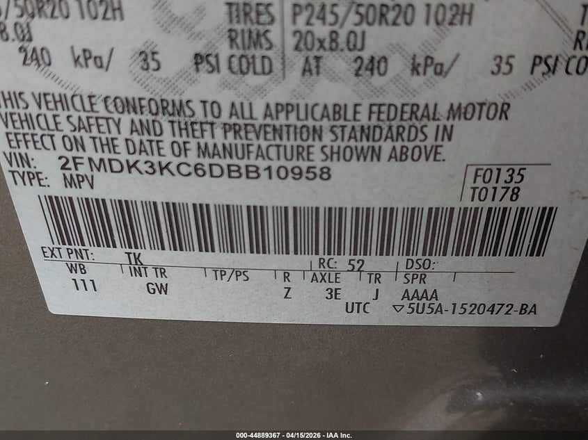 2013 Ford Edge Limited VIN: 2FMDK3KC6DBB10958 Lot: 44889367