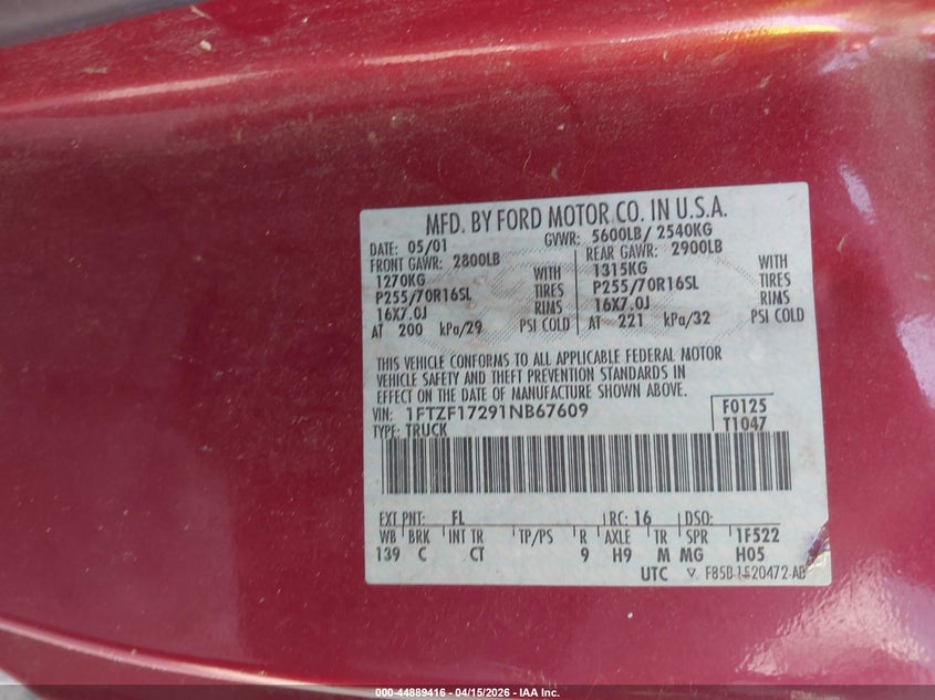 2001 Ford F-150 Xl/Xlt VIN: 1FTZF17291NB67609 Lot: 44889416