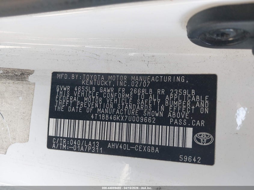 2007 Toyota Camry Hybrid VIN: 4T1BB46KX7U009662 Lot: 44889480