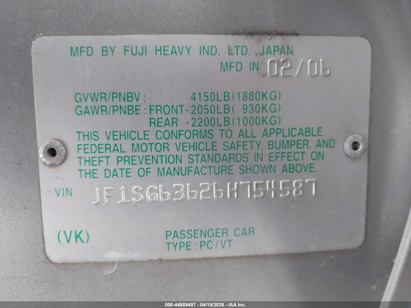 2006 Subaru Forester 2.5X VIN: JF1SG63626H754587 Lot: 44889487