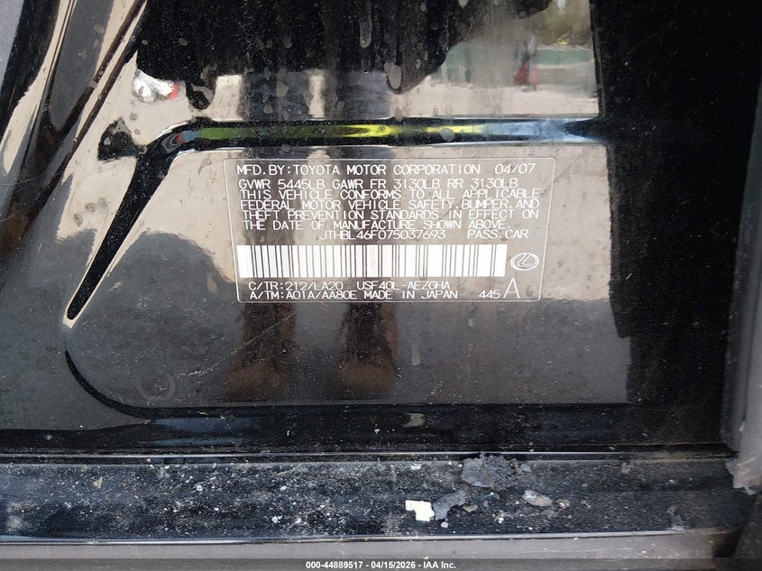 2007 Lexus Ls 460 VIN: JTHBL46F075037693 Lot: 44889517