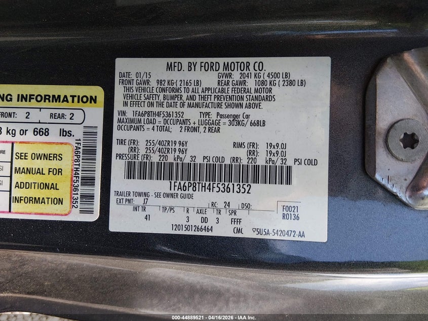2015 Ford Mustang 2.3 Ecoboost grey Lot 111044889521 Vin 1FA6P8TH4F5361352