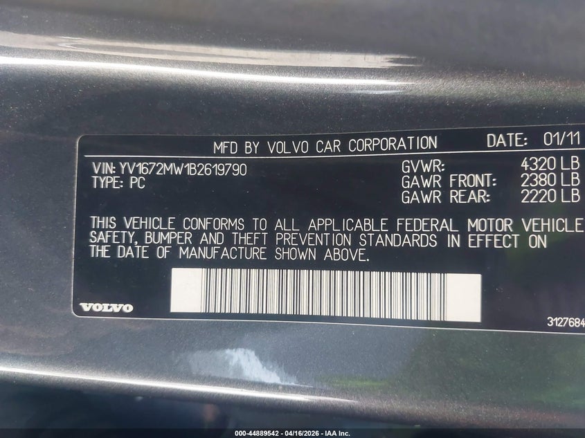 2011 Volvo V50 T5/T5 R-Design VIN: YV1672MW1B2619790 Lot: 44889542