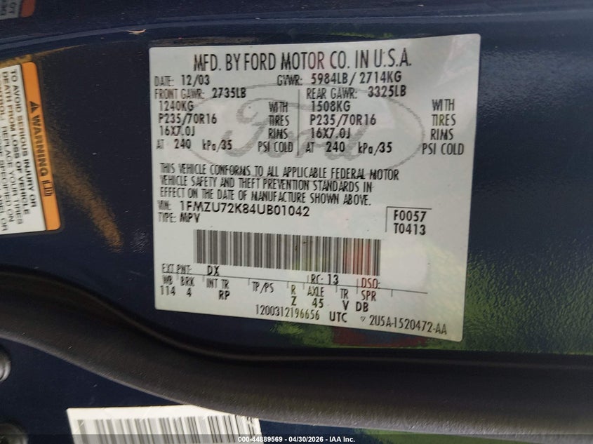 2004 Ford Explorer Xls VIN: 1FMZU72K84UB01042 Lot: 44889569