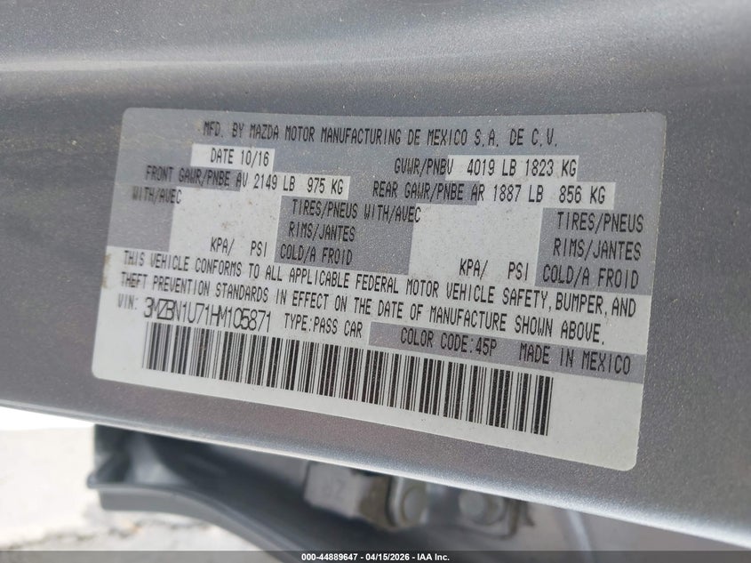 2017 Mazda Mazda3 Sport VIN: 3MZBN1U71HM105871 Lot: 44889647