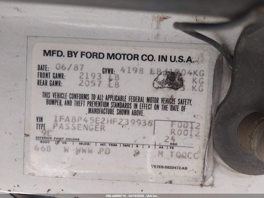 1987 Ford Mustang Gt VIN: 1FABP45E2HF239936 Lot: 44889715