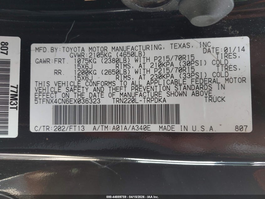 2014 Toyota Tacoma VIN: 5TFNX4CN6EX036323 Lot: 44889759