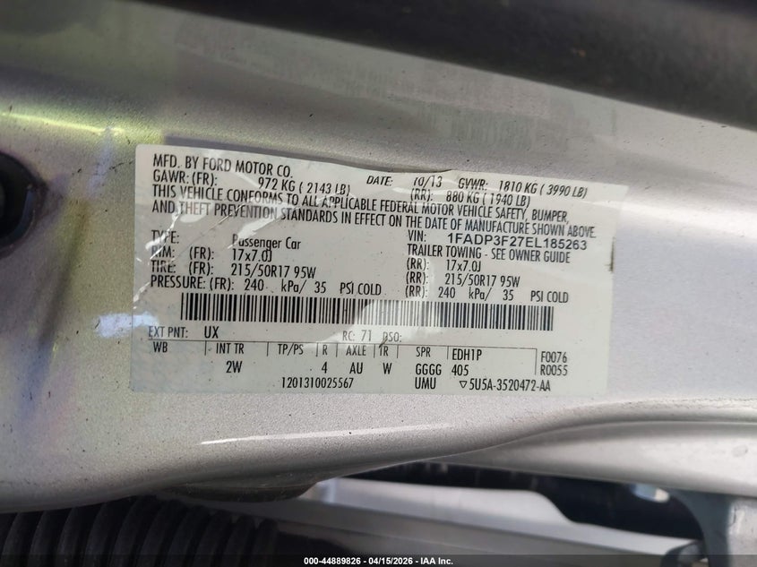 2014 Ford Focus Se VIN: 1FADP3F27EL185263 Lot: 44889826