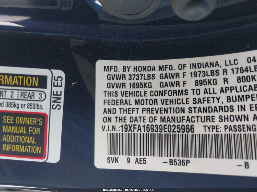 2009 Honda Civic Ex-L VIN: 19XFA16939E025966 Lot: 44889858