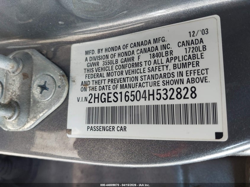 2004 Honda Civic Lx VIN: 2HGES16504H532828 Lot: 44889870