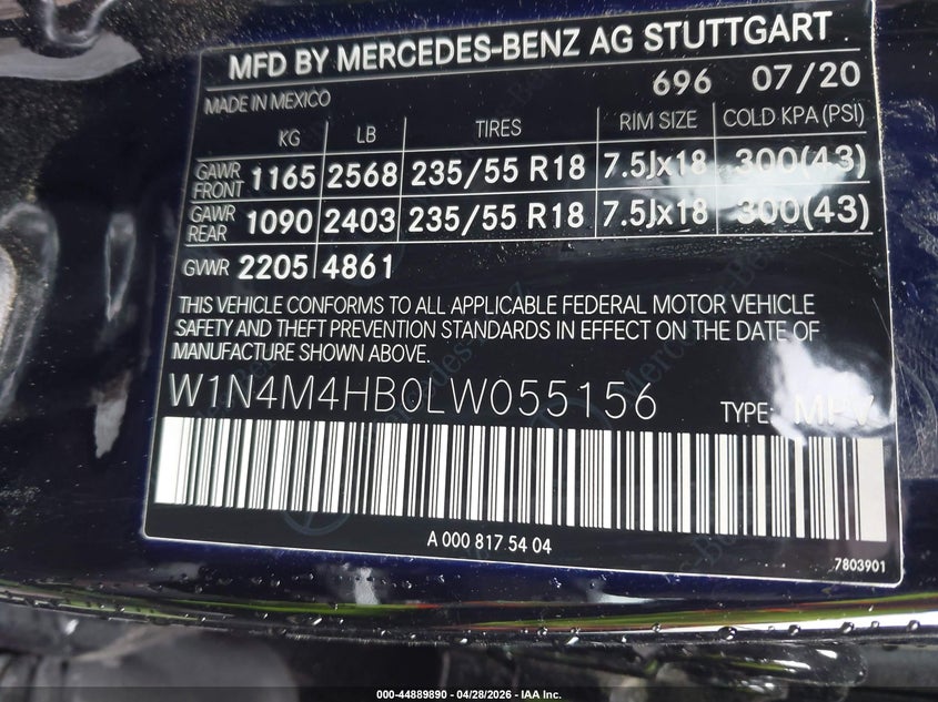 2020 Mercedes-Benz Glb 250 4Matic VIN: W1N4M4HB0LW055156 Lot: 44889890