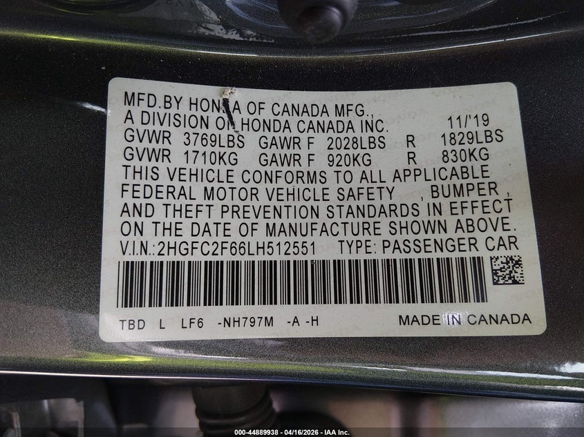 2020 Honda Civic 2.0 Lx grey Lot 111044889938 Vin 2HGFC2F66LH512551