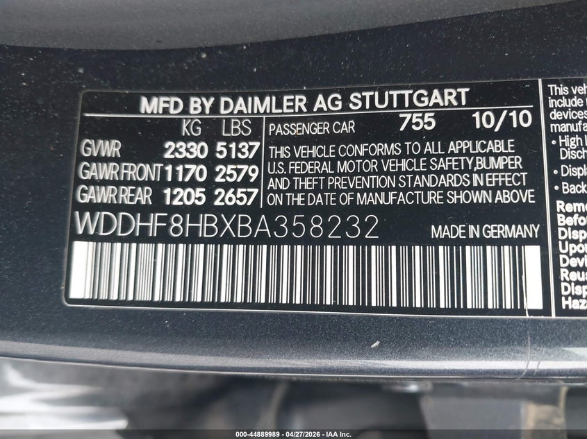2011 Mercedes-benz E-class 3.5 E 350 4Matic grey Lot 111044889989 Vin WDDHF8HBXBA358232