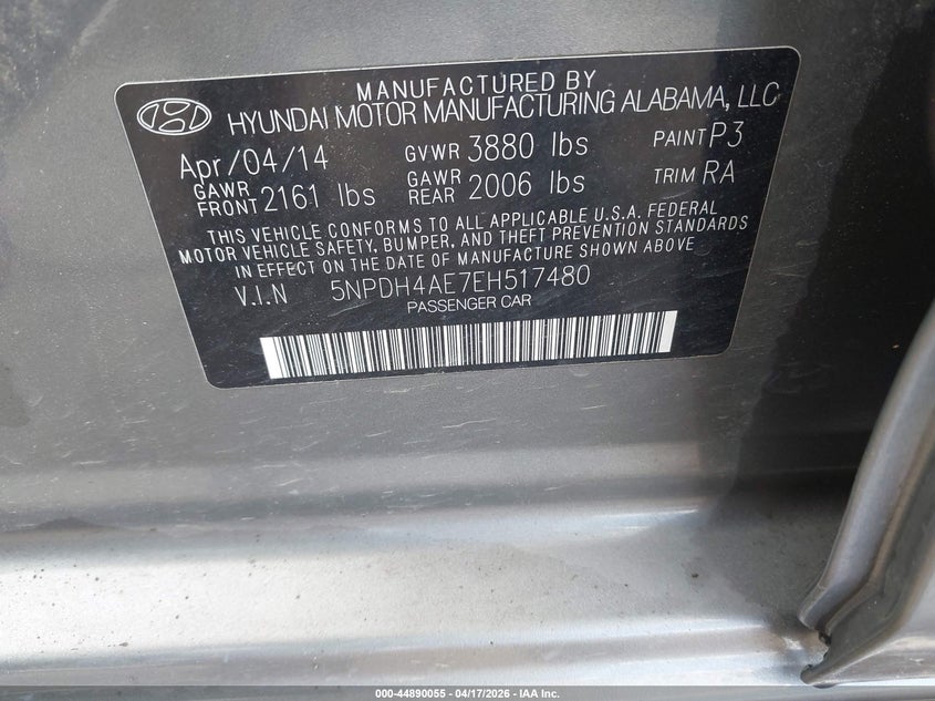 HYUNDAI ELANTRA 2014 VIN 5NPDH4AE7EH517480