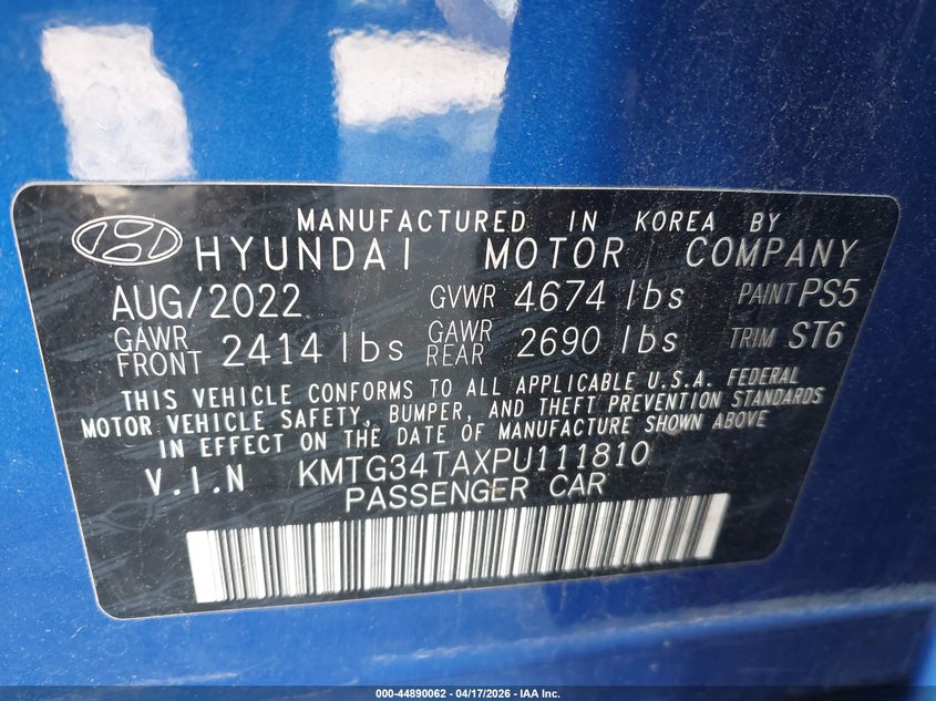 2023 Genesis G70 2.0T Rwd VIN: KMTG34TAXPU111810 Lot: 44890062