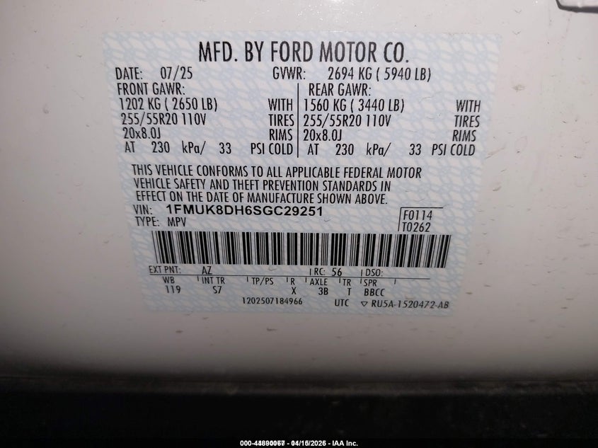 2025 Ford Explorer Active VIN: 1FMUK8DH6SGC2925 Lot: 44890067