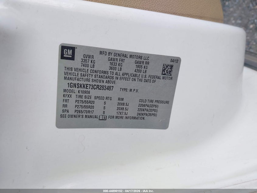 2012 Chevrolet Express 5.3 Suburban 1500 Ltz white Lot 111044890152 Vin 1GNSKKE73CR283487