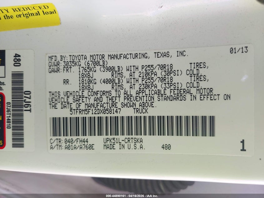 2013 Toyota Tundra Grade 4.6L V8 VIN: 5TFRM5F12DX058147 Lot: 44890161